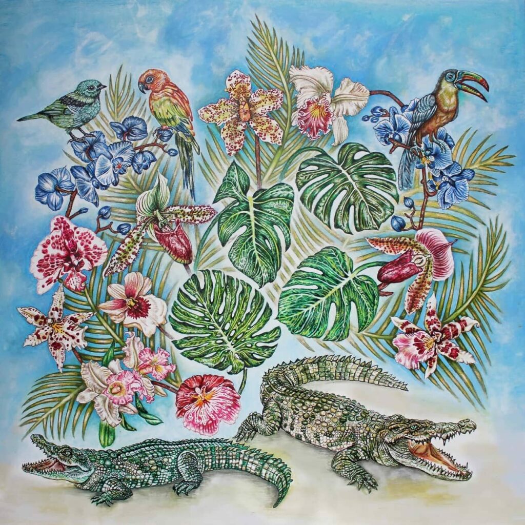 Foulard-Lalique-Ginny-Litscher-Dessin-Jungle-Bleu