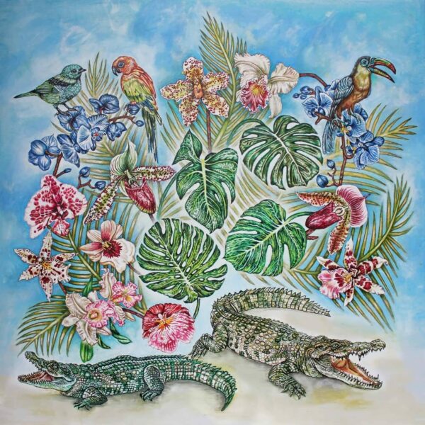 Foulard-Lalique-Ginny-Litscher-Dessin-Jungle-Bleu